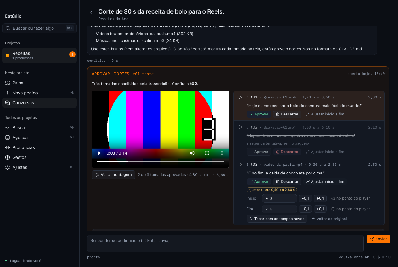 Aprovação dos cortes tomada por tomada, com o player do trecho e o ajuste de início e fim